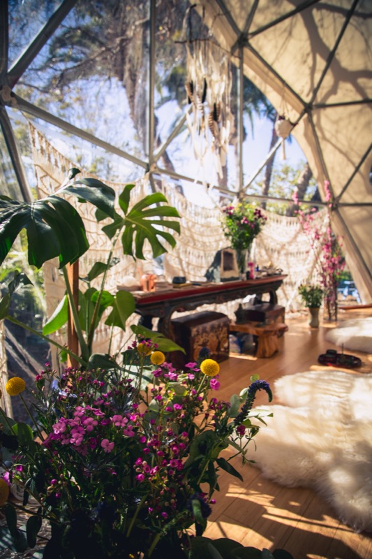 Sunlit interior of the Aum Dome with fresh flowers and plants