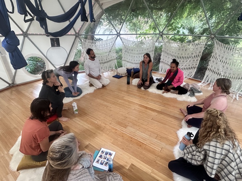 Around ten people sitting in a circle on sheepskins on the wood floor of the Aum Dome, in conversation, with an open illustrated book on the floor between them and the swings gathered up overhead.